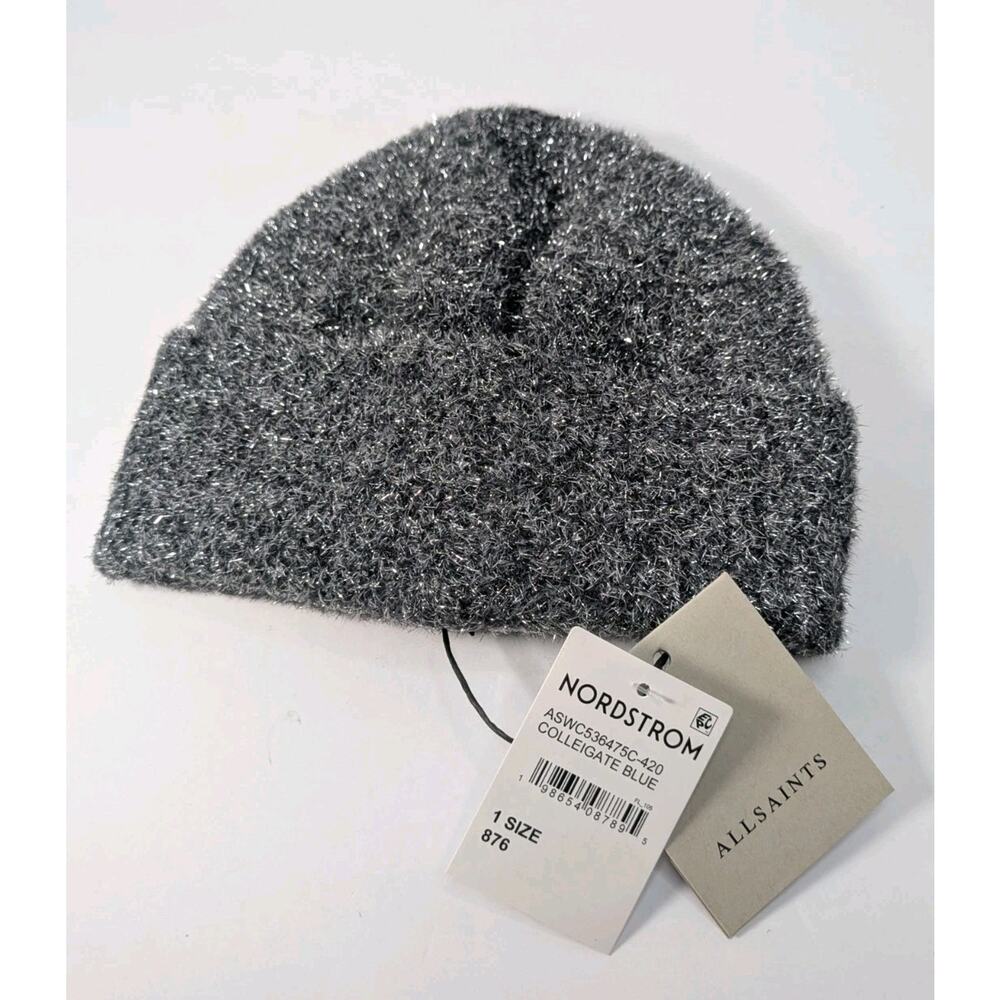 Allsaints Women’s Metallic Beanie Colleigate Blue Grey One Size Knit New w Tags